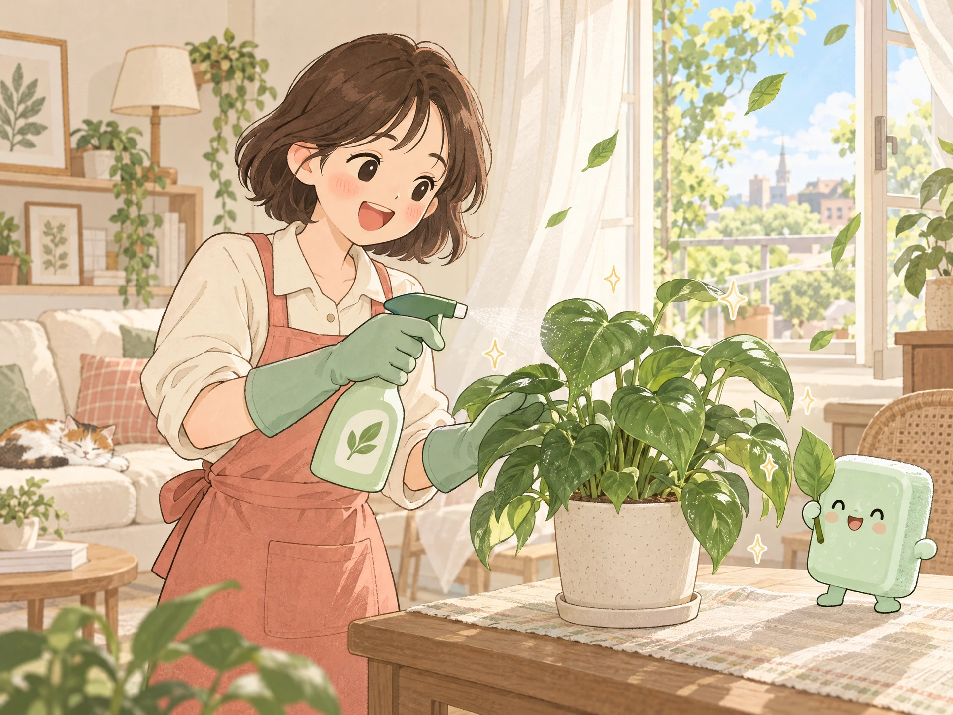 초록 식물이 있는 공간을 섬세하게 돌보는 싱그러운 청소 장면